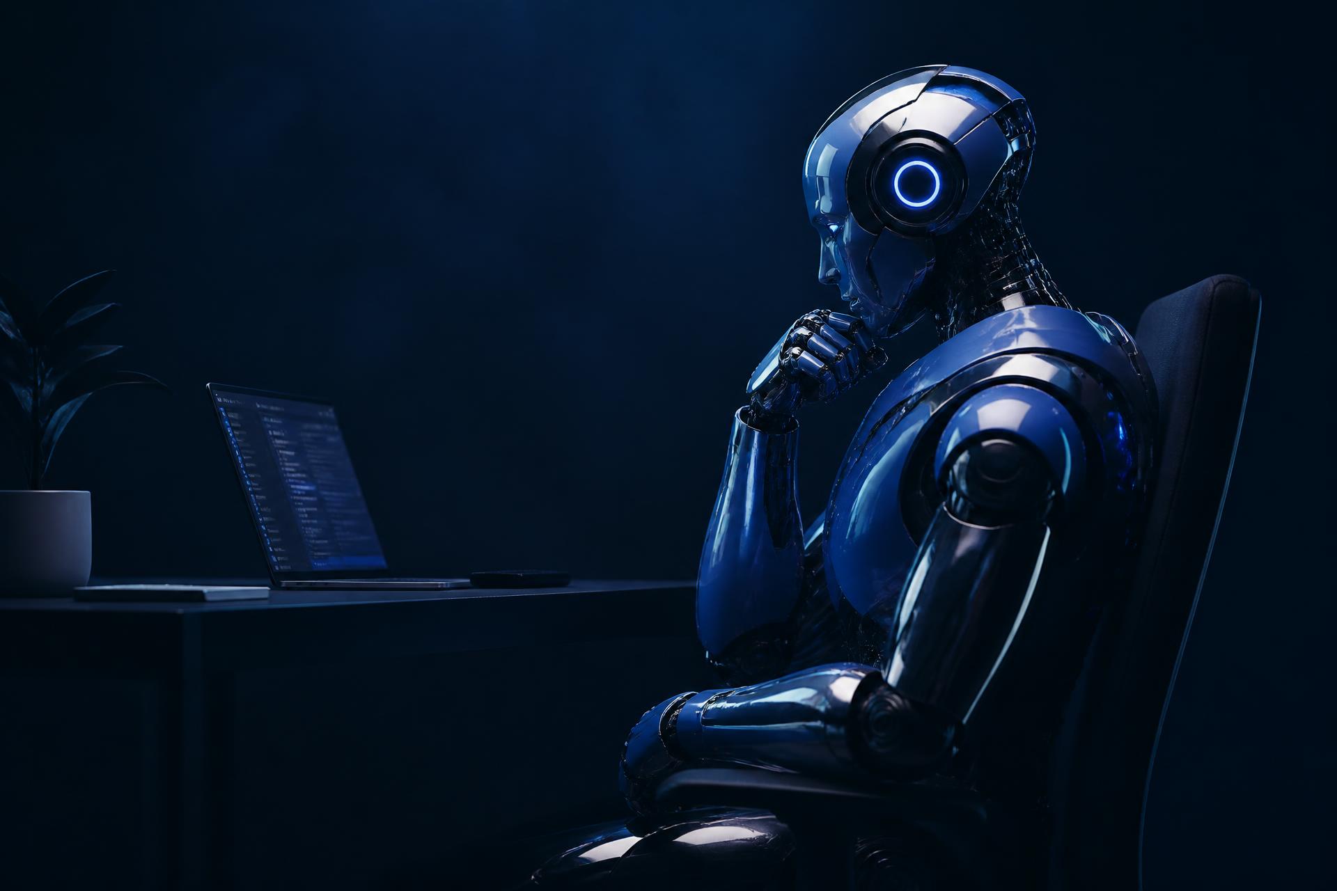 Peaklead AI concierge — a chrome cobalt humanoid at a workstation
